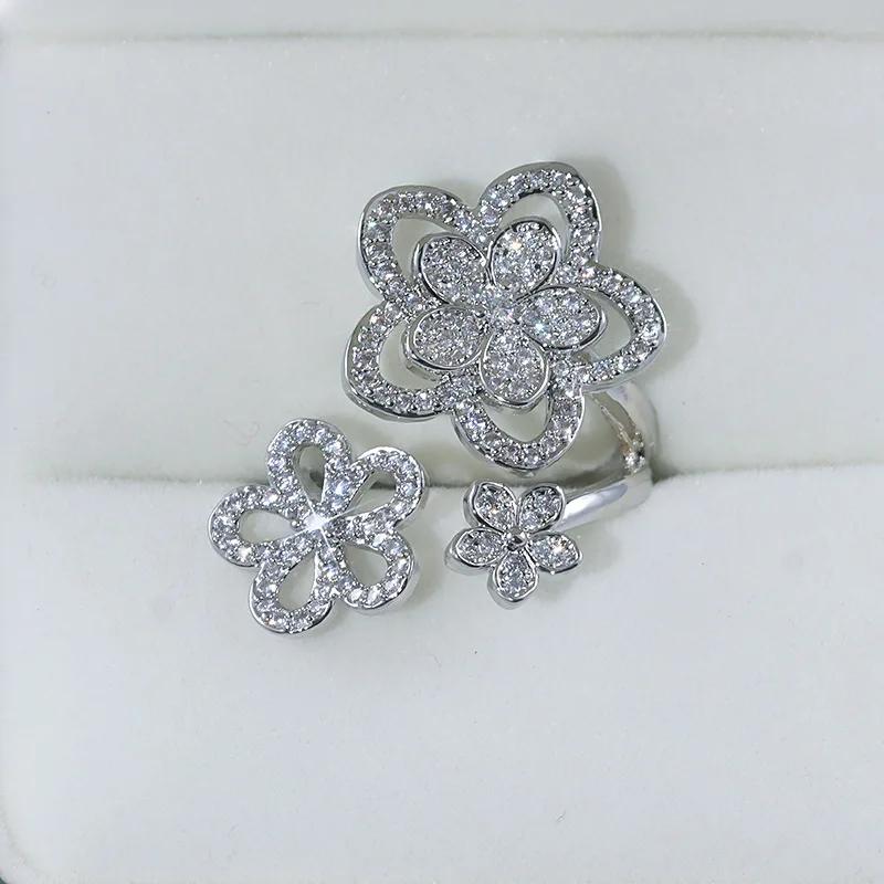 

Exquisite Hollow Out Flower Silver Ring Women for Ring Fashion AAA Zircon Women s Engagement Open Ring Party resizable білий