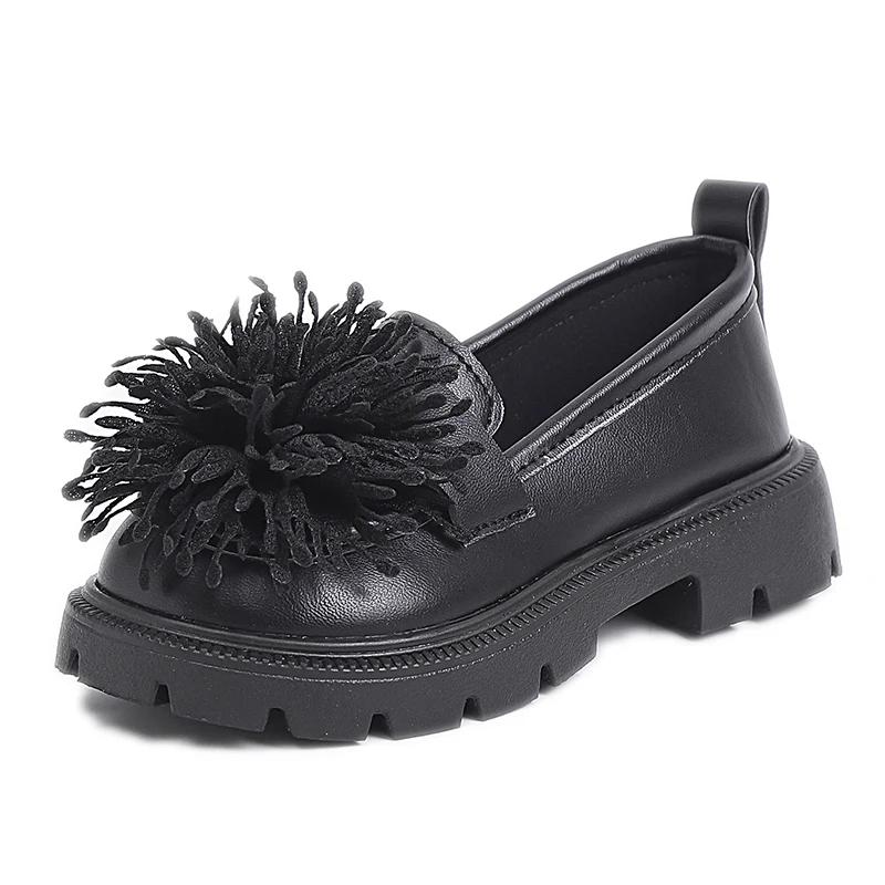 

Girls Casual Flats Kids Leather Shoes Slip-on 2025 Brand New Spring Autumn Children School Black Party Loafers Hairy Ball Cute 26 чёрный