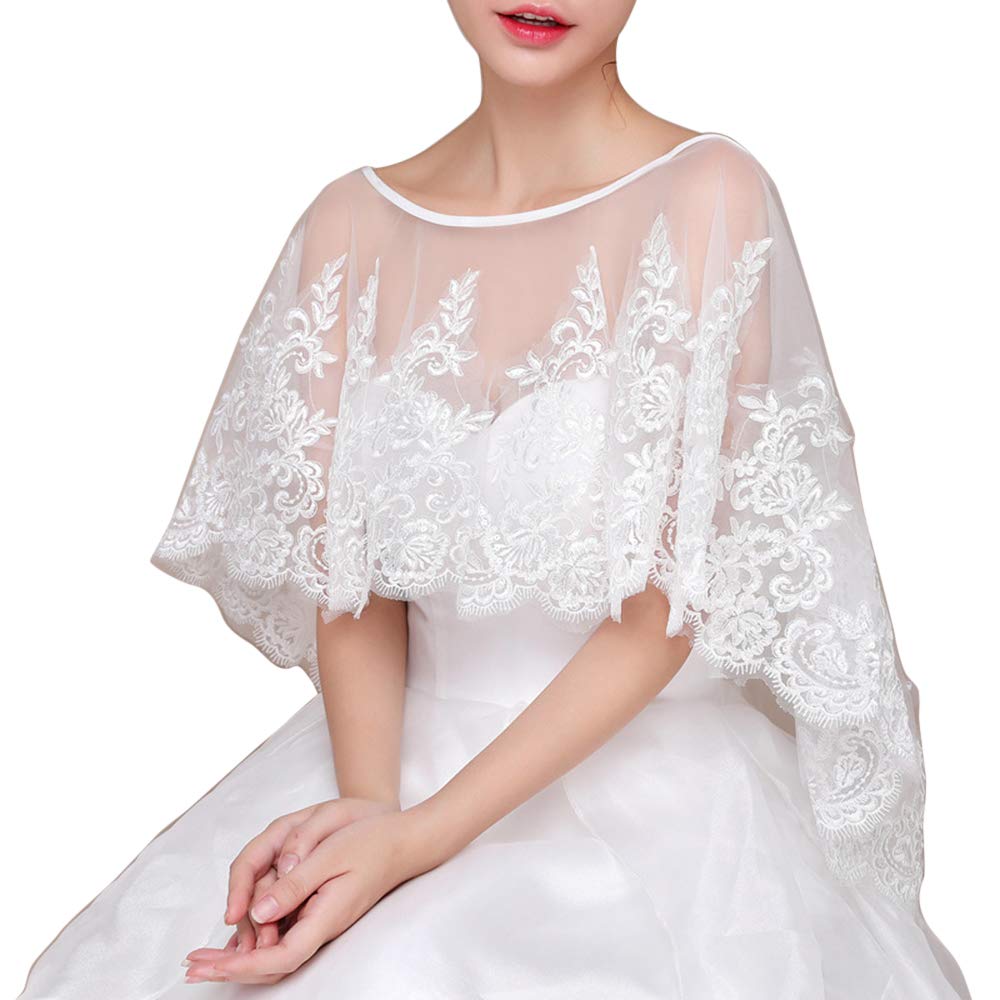 

[SYitong] Wedding Bolero Party Shawl Tulle Bolero Shoulder Wrap Floral Embroidery Lace Elegant Glamorous Dress Cape