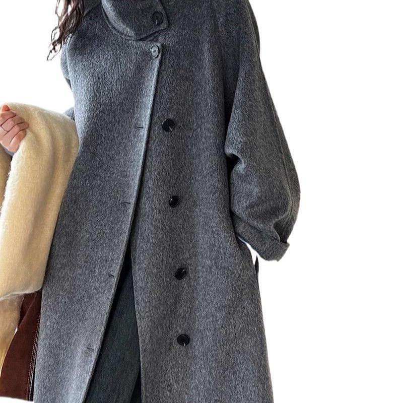 Women's 2024 Autumn/Winter Stand Collar Cashmere Coat - Mid-Length, Double-Sided, Waist-Cinched.