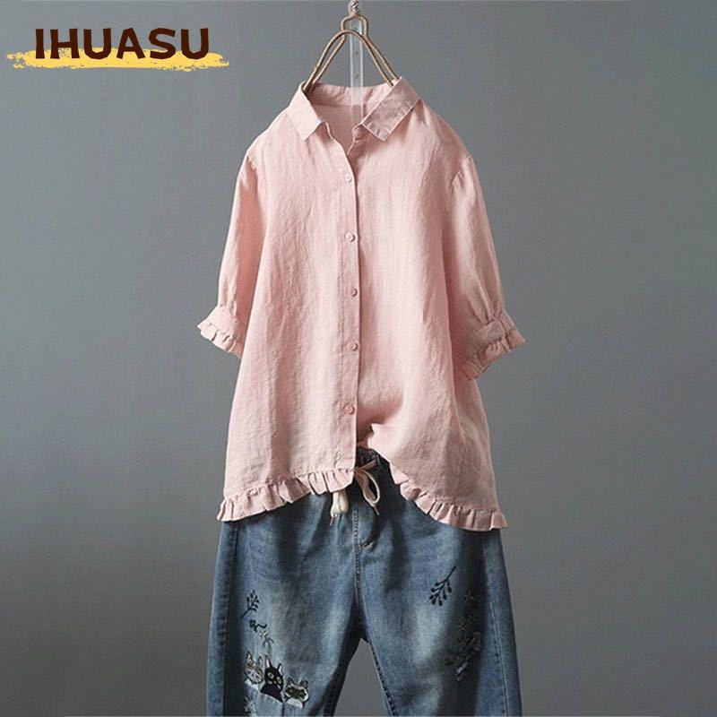 IHUASU Women's Fashion Casual Solid Color Print POLO Neck Short Sleeve Blouses & Shirts