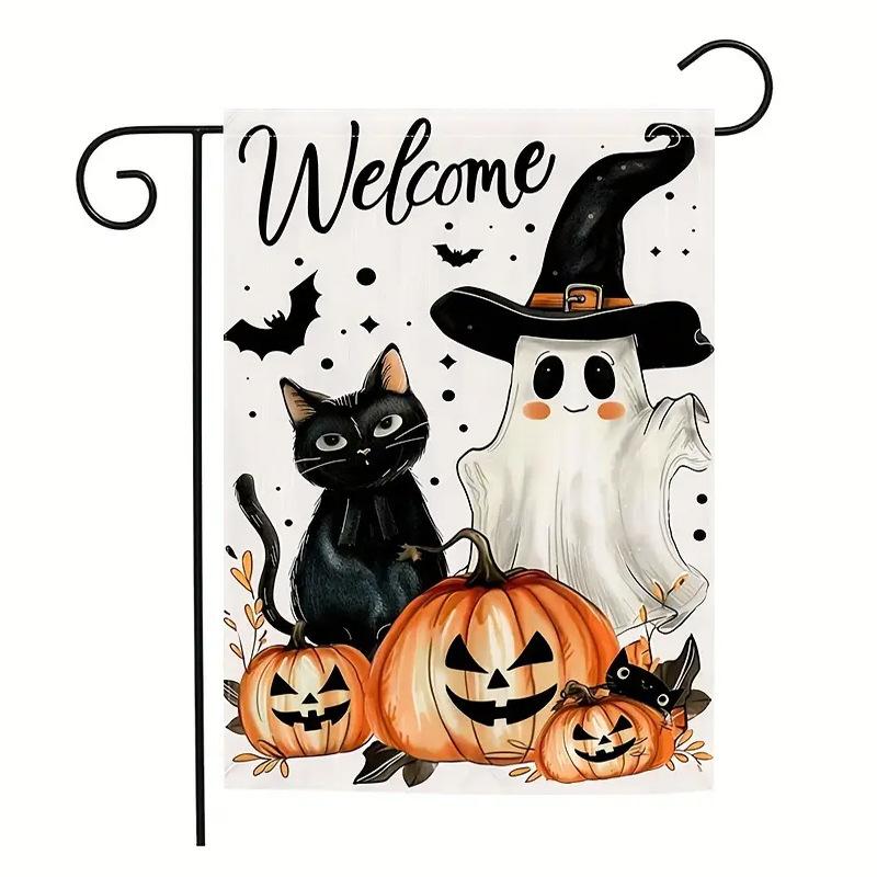 1pc Orenge Halloween Garden Flag Cute Ghost Cat Boo Print Suitable for Halloween Yard Outside Decoration No Flag Pole 12X18 Inch