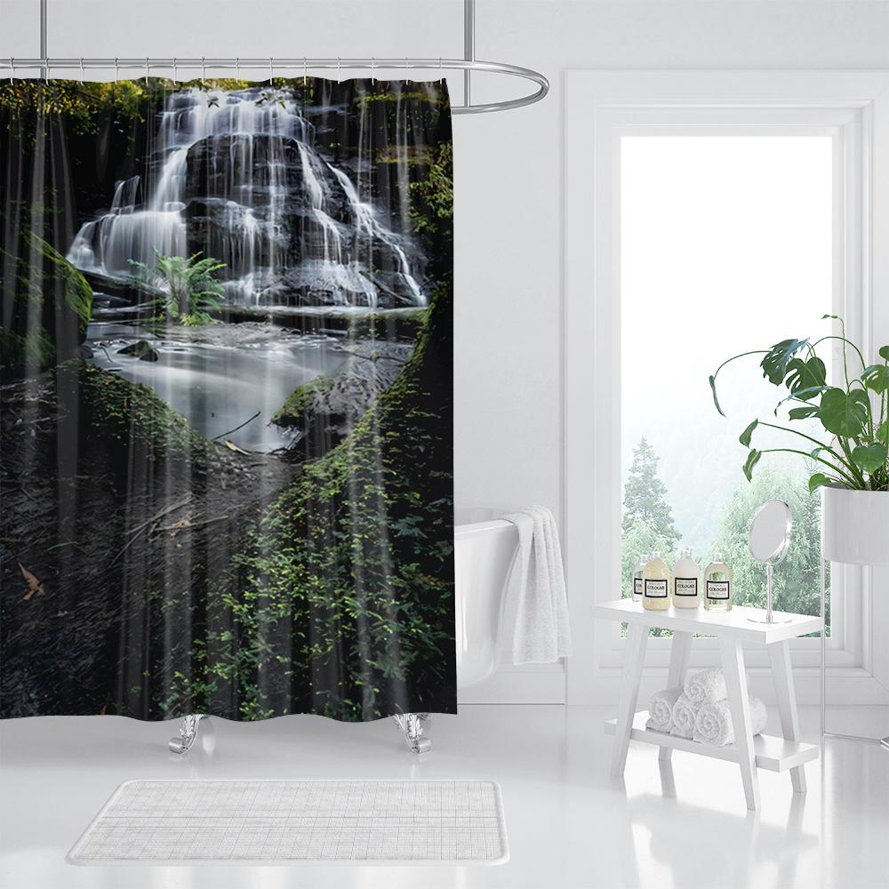 Forest Waterfall Shower Curtain Tropical Rainforest Palm Jungle Tree Green Leaves Plants Scenery Bathroom Decor Set With Hooks
