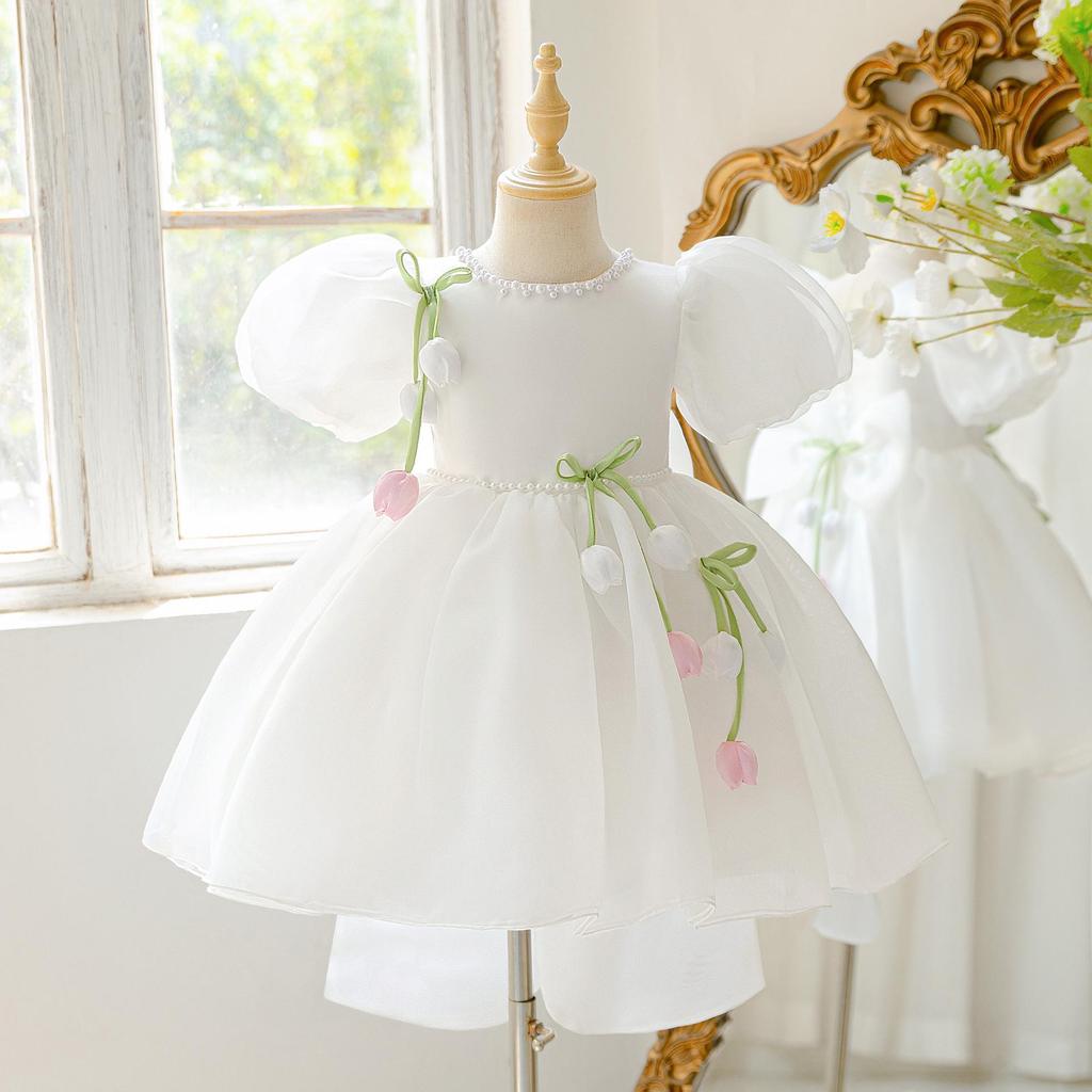 European Children's White Flower Mesh Puffy Formal Princess Birthday Dress 2026