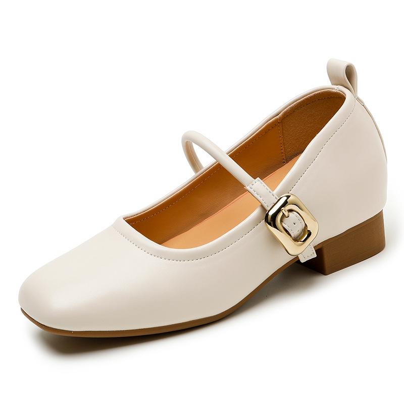 Retro single shoes square head thick heel small leather shoes one-word buckle casual Mary Jane women's shoes fashion light mouth single shoes