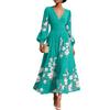 Damen Maxikleid mit langen Ärmeln, V-Ausschnitt, Falten und Blumendruck, Elegante Passform, Ausgestellter Schnitt, Lange Länge, Für Freizeit und formelle Anlässe