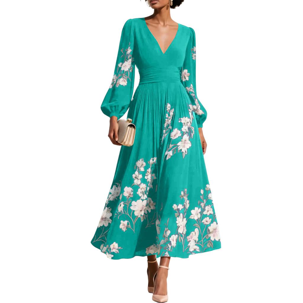 Damen Maxikleid mit langen Ärmeln, V-Ausschnitt, Falten und Blumendruck, Elegante Passform, Ausgestellter Schnitt, Lange Länge, Für Freizeit und formelle Anlässe