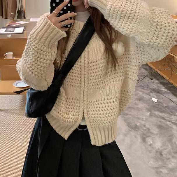 Women's Retro Korean Cable Knit Zipper Cardigan – Autumn/Winter Loose Round Neck Solid Knitwear
