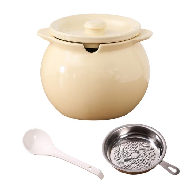 

1400Ml Ceramic Oil Storage Jar With Convenient Double Handle And Matching Cover Bacons Greases Container
