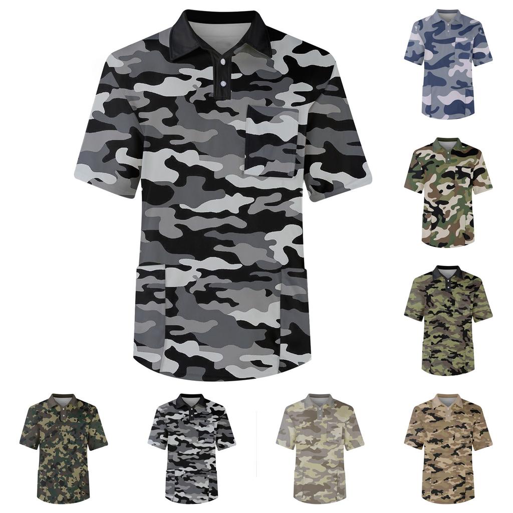 Maglia da infermiera a maniche corte da uomo con risvolto e bottoni, tinta unita, tasca sul petto