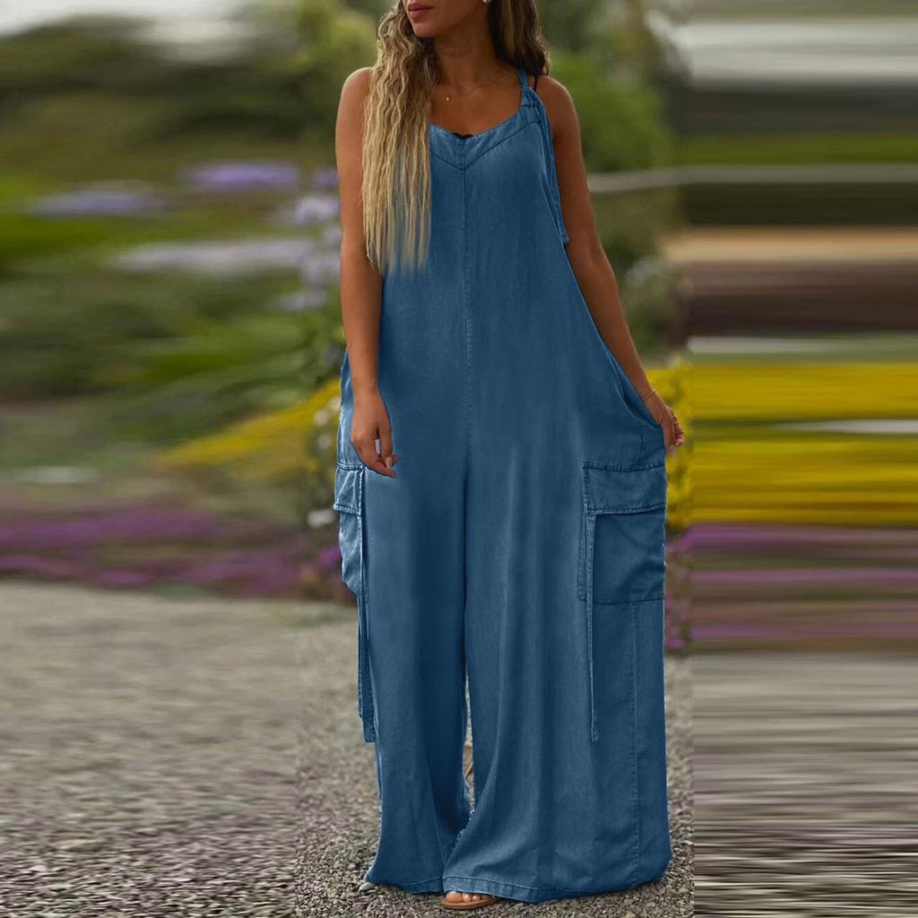 Women's Fashion Casual Loose Pocket V-Neck Colour Jumpsuit