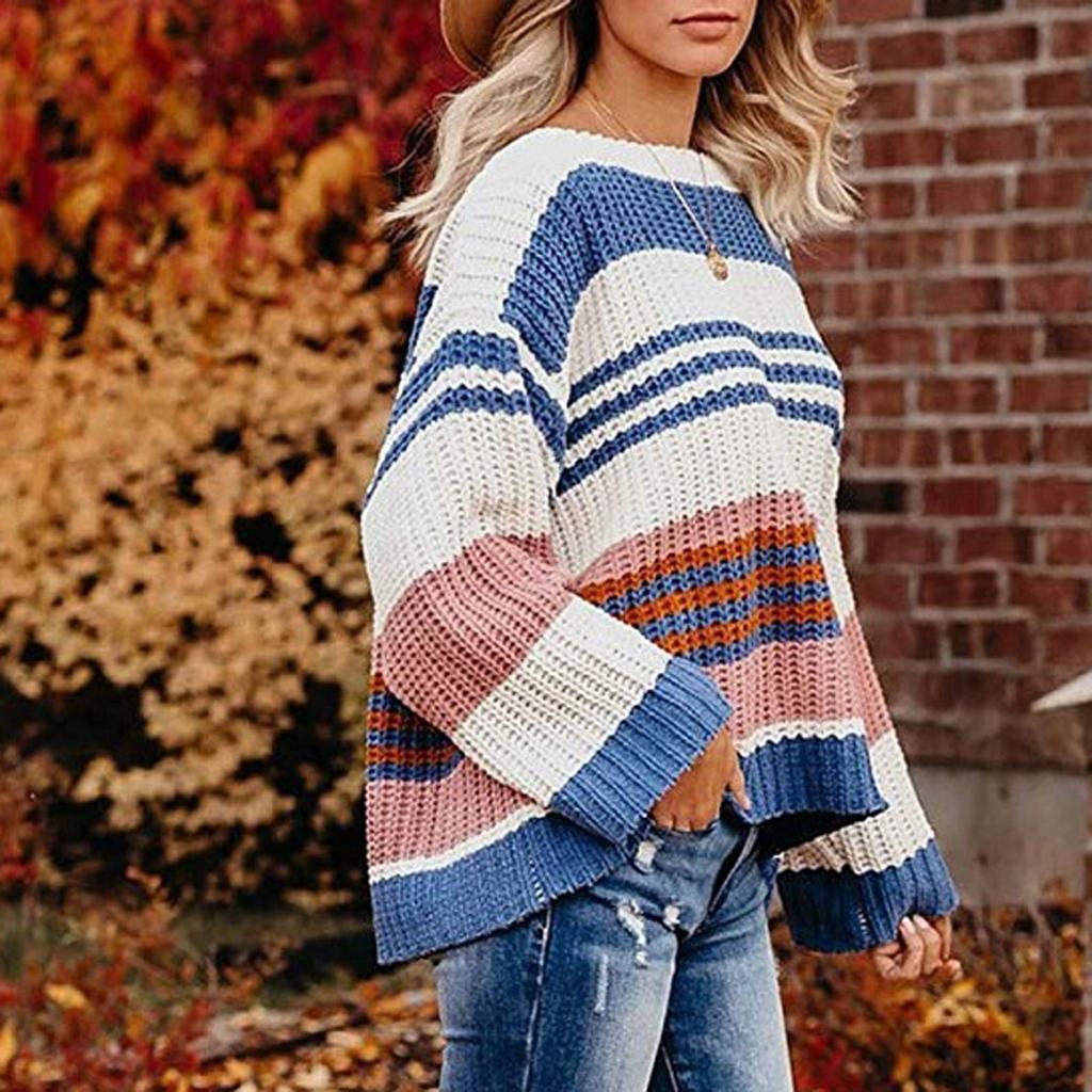 Women's Long Sleeve  Striped Color Block Casual Loose Knitted Pullover