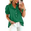 Women Ruffle V Neck Blouse Short Sleeve Casual Loose Fit Solid Top with Button Front and Puff Sleeves for Daily Wear