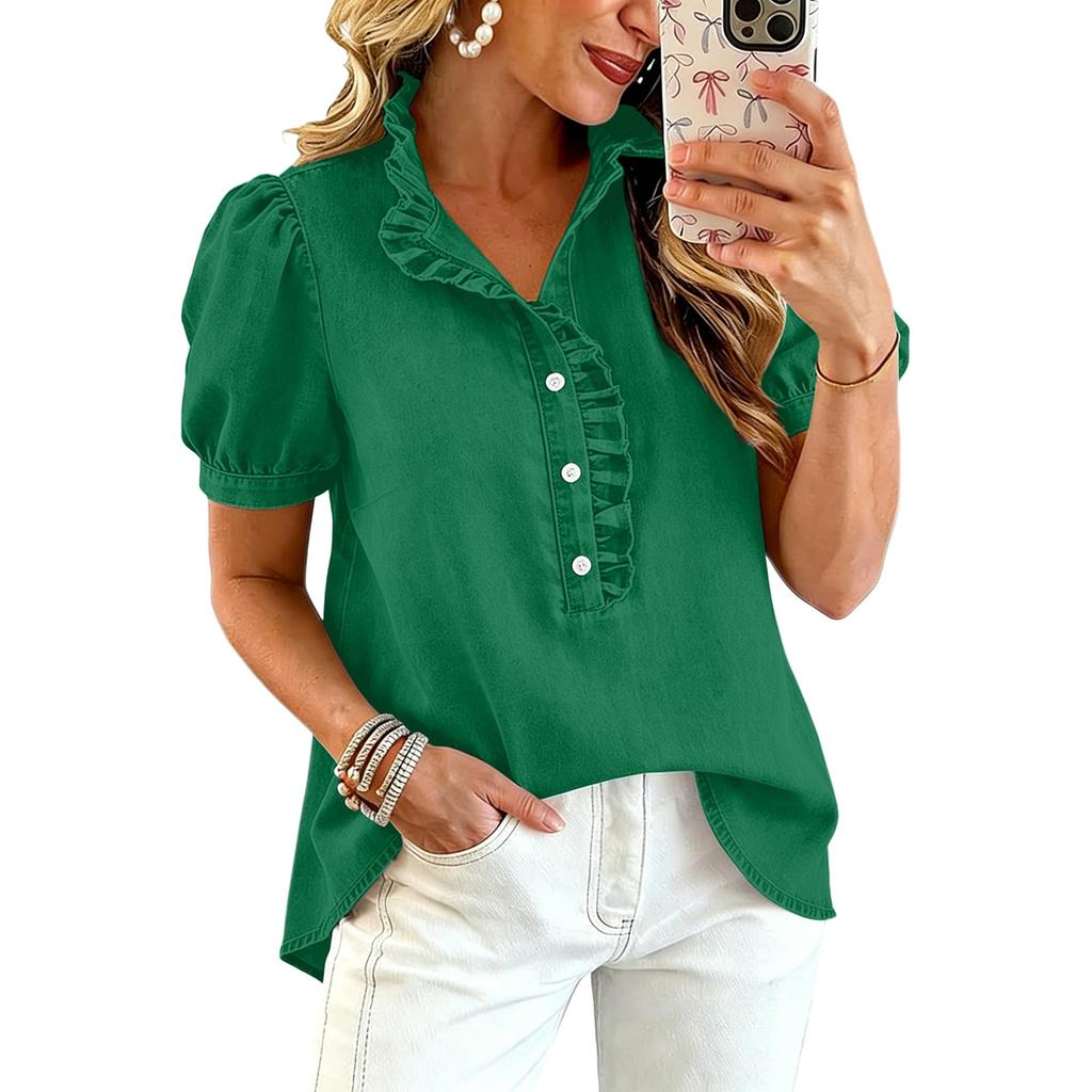 Women Ruffle V Neck Blouse Short Sleeve Casual Loose Fit Solid Top with Button Front and Puff Sleeves for Daily Wear