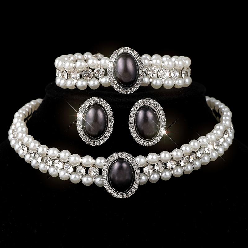 Vintage Pearl Rhinestone Bridal Necklace Earrings Set Cheongsam Neck Chain Collarbone Chain Set Multi-layer Pearl Jewelry Women