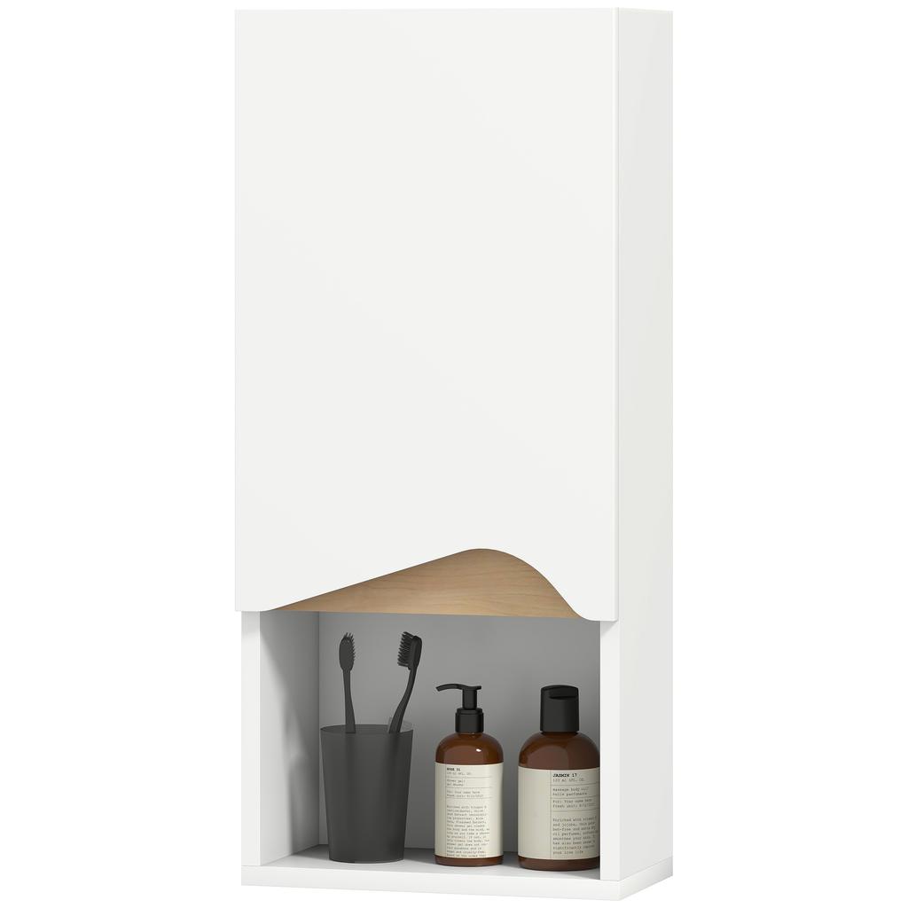 Bathroom cabinet, wall-mounted cabinet with soft-close door and open compartment, 30 x 17 x 67 cm, white