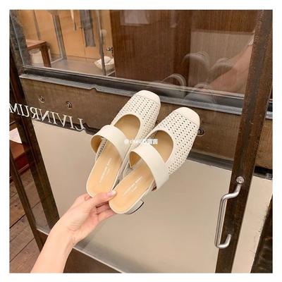 Su Yinyin's Same Square Head Woven Hollow Thick Heel Mary Jane Bag Head Slippers Women's Summer French Lazy Versatile Sandals