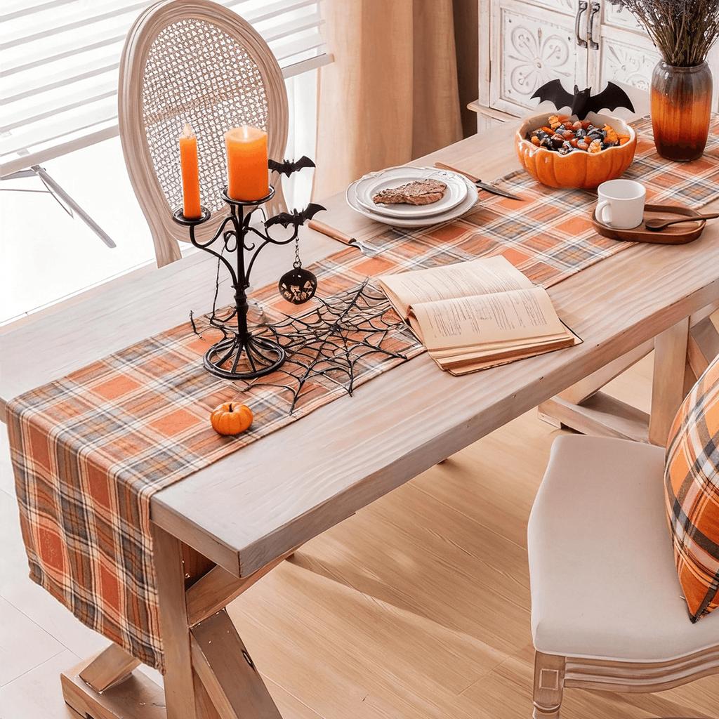 Halloween Autumn And Winter Vintage Orange-Red Plaid Table Runner Suitable For Banquet Parties, Dining Tables, And Everyday Home