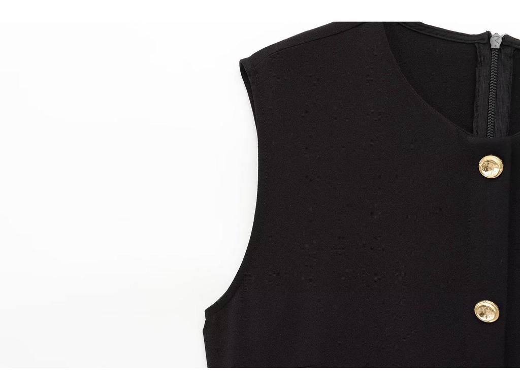 2025 Summer Crepe Sleeveless Belted Midi Skirt: European-American Single-Breasted Pocket Vest Style