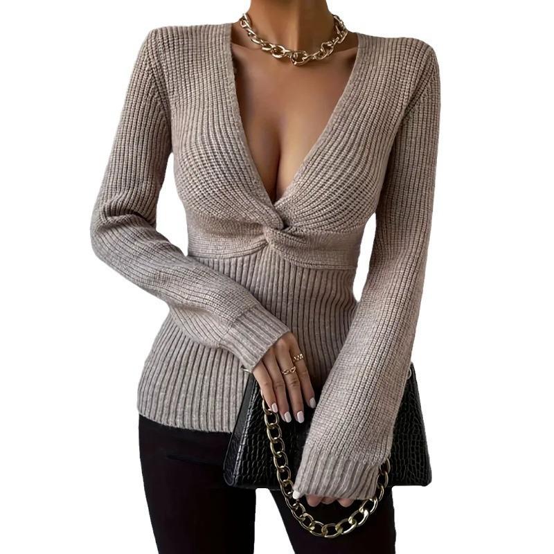 Women S Sexy Deep V Twist Knit Slim Fit Long Sleeve Sweater For Fall Winter
