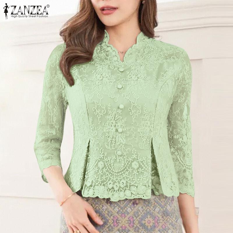 ZANZEA Bluză elegantă cu gât în V, mâneci 3/4, casual pentru femei, cu broderie și dantelă