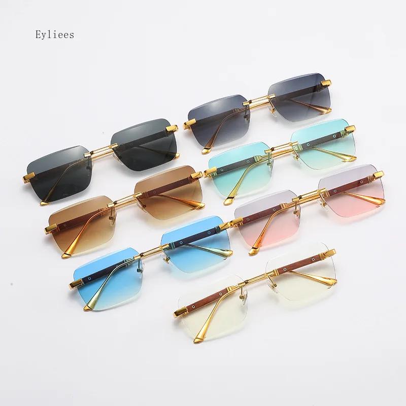 Fashion Rectangle Rimless Sunglasses for Women Square Vintage Luxury Design Retro Wooden Frame Gradient UV400 Sun Glasses