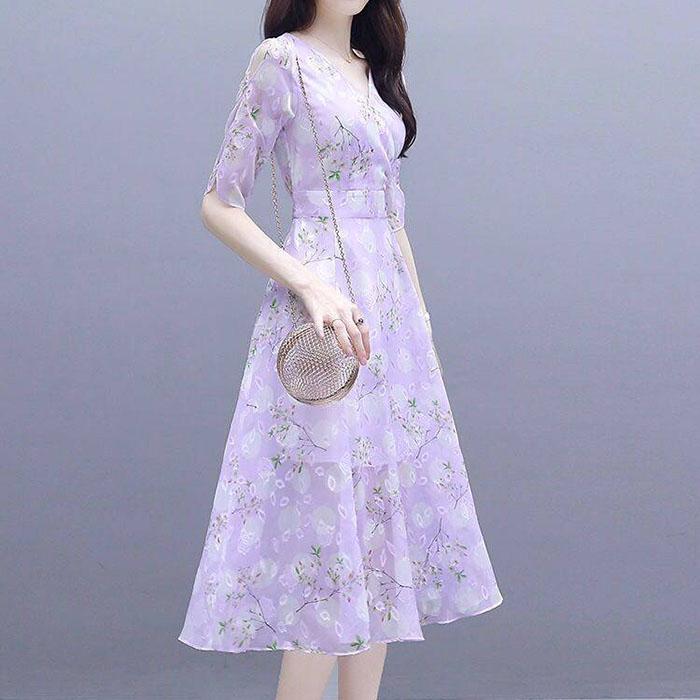 S-3XL Dámské letní luxusní květinové šifonové šaty večerní šaty s krátkým rukávem a výstřihem do V