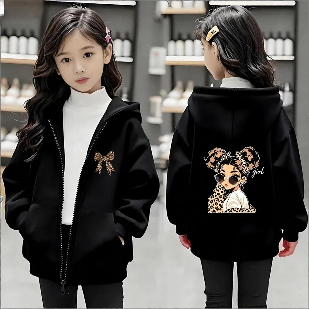 Autumn Children Hoodie Leopard Print Bow Red Girl Tops Zip Up Black Gray Pink Coat Hoodies Kid 3-12 Year Zipper Style