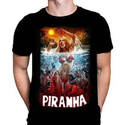 Camiseta para Hombre Corazones de Estrella Salvaje Piraña Estampado de Horror Gótico, Camiseta de Algodón Negra, Camiseta tipo Póster de Película