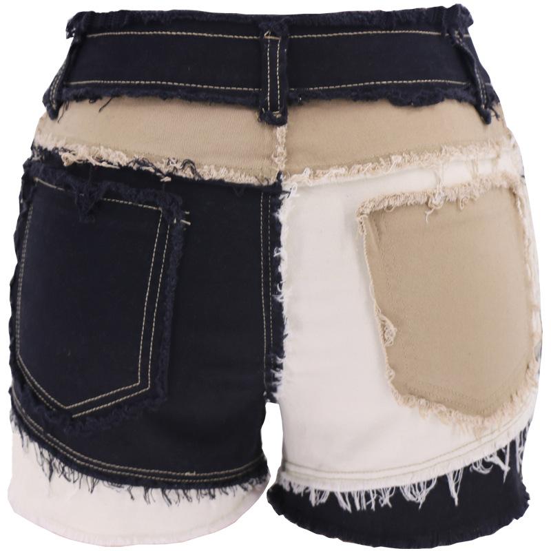 2024 Summer Women's Shorts Multi Color Panel Elastic Women's Denim Shorts