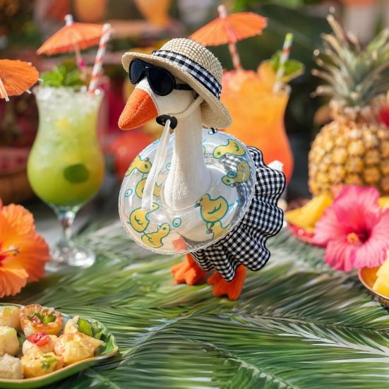 Bikini Desk Goose Outfit, 7 Inch Mini Goose Bikini Costume with Straw Hat, Sunglasses, Swim Ring for Summer Hawaiian Party Table Decor