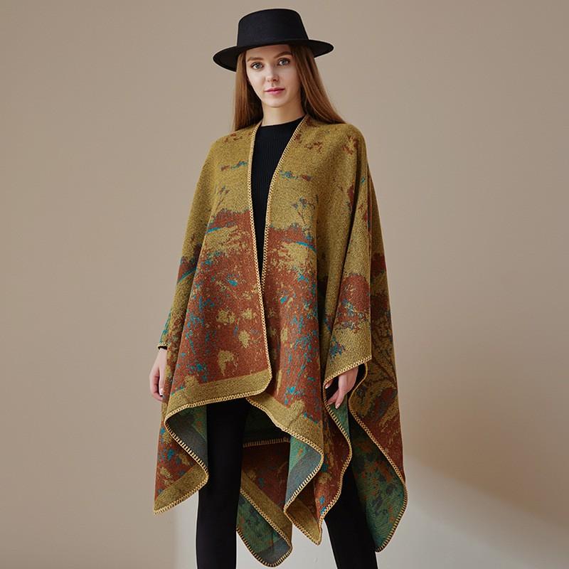 Womens Open-Slit Cape Shawl With Fringe Trim Double-Sided Knit Wrap In Vintage Style Travel Warmth
