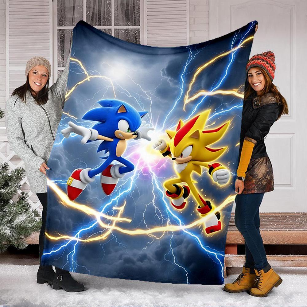 1pc Sonic, Lightning Outdoor Personalized Flannel Blanket, Soft, Lightweight Personalized Flannel Blanket, Digital Printing,