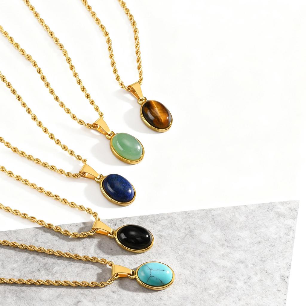 Trendy Natural Oval Necklace for Men Boys,Waterproof Small Natural Stone Geometric Pendant,Energy Magnetic Field Jewelry Gift