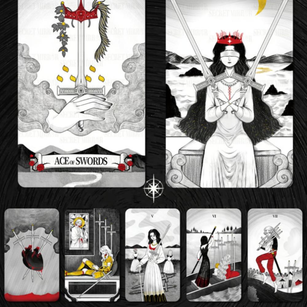 12*7cm Tarot cu oglindă secretă Tarot de artă feminină în simbolism bogat cu tărâm monocrom:Negru, alb, roșu, auriu- cu Ghid