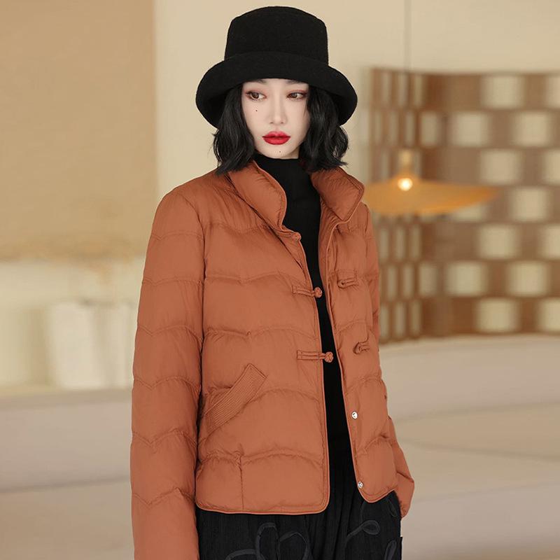 Ethnic style white duck down jacket women's short 2024 winter stand-up collar buckle retro casual warm jacket tide