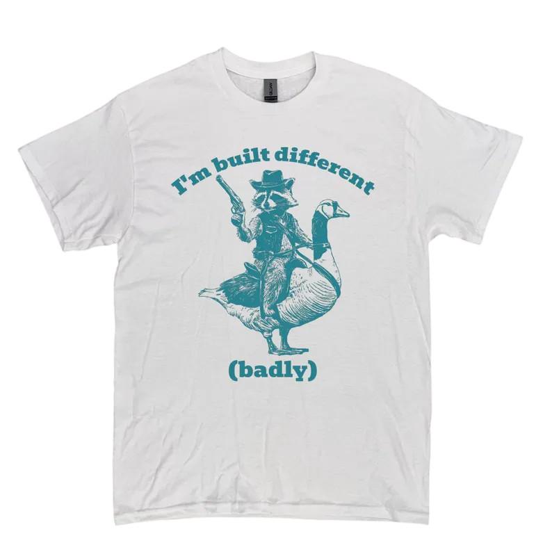 

Riding Goose 90s Graphic Shirt, Vintage Funny Raccoon I m Built Different Tee 2XL