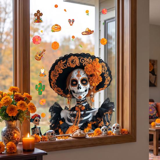 Durable Sunproof Glass Stickers Day of The Dead Window Clings, Halloween Double-Sided Skull Sticker, Ethnic Pattern Wall Art Colorful Flower Skeleton