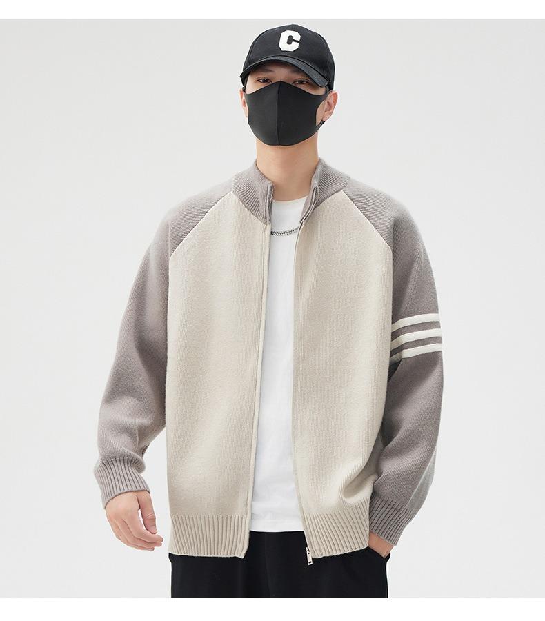 2025 Men's Stand Collar Color Block Cardigan: Trendy Wool Jacket for Spring, Autumn, Winter