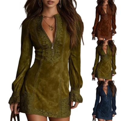 Dámské semišové šaty s výstřihem do V, zipem, krajkovým dlouhým rukávem a jednobarevným vintage stylem