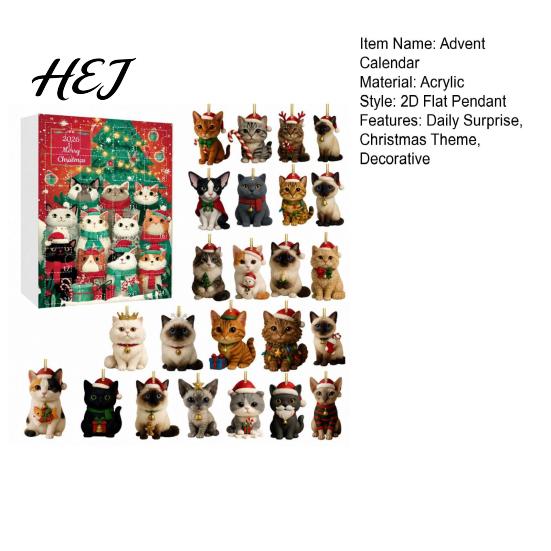 Holiday Countdown Gift Box 24 Day Cat Advent Calendar with Acrylic Christmas Ornaments, 2D Flat Animal Themed Ornaments Hanging Decorations, Xmas Tree