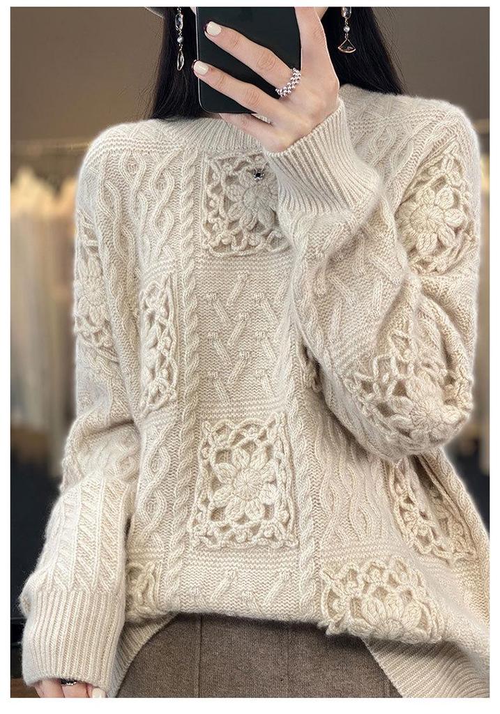 Solid Color Round Neck Jacquard Wool Sweater - Long Sleeve, Casual, Versatile, 100% Pure Wool Pullover