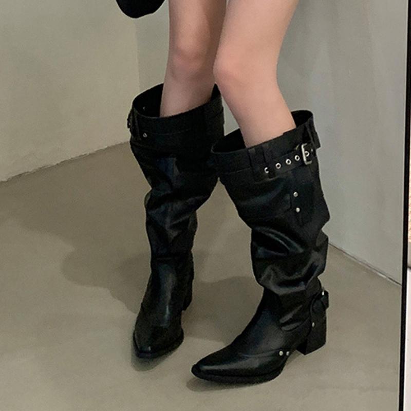 Mode Liyke Western-Stil Mode Schnallenriemen Cowboy Stiefel Damen Spitzzehen Herbst Winter Kniehohe Schuhe Niedrige Dicke Absätze Stiefeletten