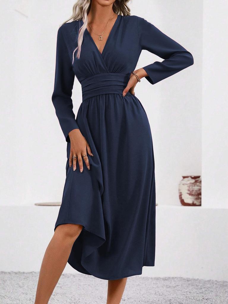 Elegant Women's V-Neck Long Sleeve Ruched Waist Dress for Autumn/Winter