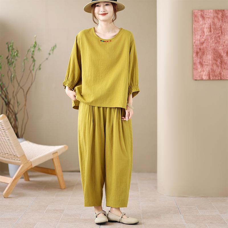 DIMANAF 2026 Plus Size Summer Pants Suits Women Sets Suits Loose Tops Shirts Long Pants Cotton Loose Casual Clothing