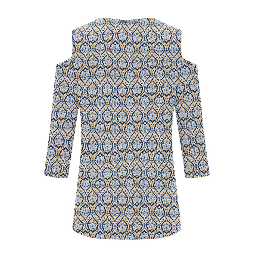 Women's Casual Shirt Blouse Print V-neck Sexy Cold Shoulder 3/4 Sleeve Top