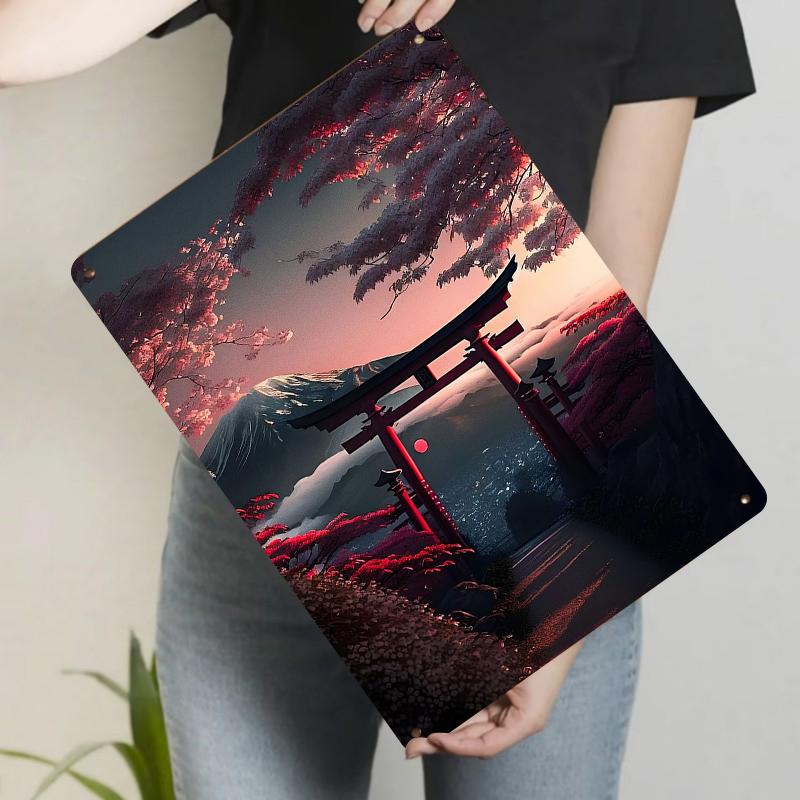 

Japanese Fuji Mountain Sakura Torii Gate Landscape Metal Iron Painting Home Wall Decor Artwork 20x30cm（7.8x11.8inch）