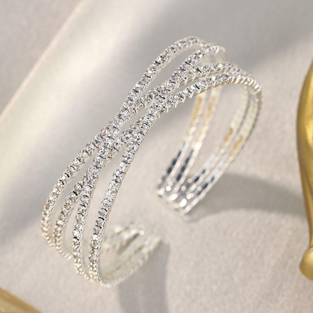 Multi Rows Zircon Crystal Cuff Bracelet Silver Color Sparkling Bangle Bracelet For Wedding