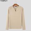 INCERUN Men V Neck Long Sleeve Rib Casual Skinny Tops T-shirts Undershirts