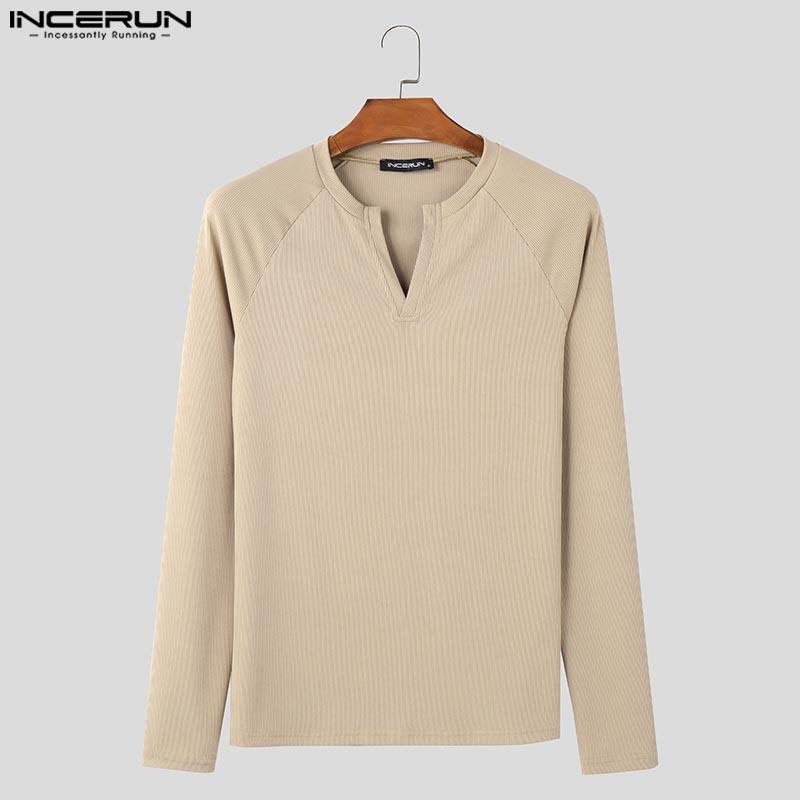 INCERUN Men V Neck Long Sleeve Rib Casual Skinny Tops T-shirts Undershirts